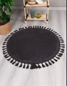Modern Dekoratif Yuvarlak Puffy Peluş Ponpon Saçaklı Salon Oturma Odası Halısı Antrasit thumbnail 1