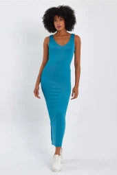 Yırtmaç Detaylı Uzun Kalem Elbise (b23-0077) - 1