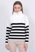 Kadın Çizgili Oversize Kesim Fermuarlı Triko Kazak Ekru-Siyah thumbnail 1