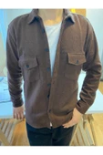 Koyu Kahverengi Erkek Slim Fit Düğmeli Yaka Çift Cepli Düz Oduncu Gömlek - 2