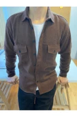 Koyu Kahverengi Erkek Slim Fit Düğmeli Yaka Çift Cepli Düz Oduncu Gömlek - 1
