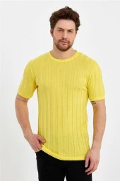 Sarı Erkek Yuvarlak Yaka Örme T-shirt - 5