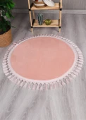 Modern Dekoratif Yuvarlak Puffy Peluş Ponpon Saçaklı Salon Oturma Odası Halısı Pembe - 1
