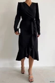 Krep Kumaş Midi Boy Kuşaklı Uzunkol Elbise 113 Cm - 7