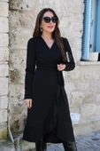 Krep Kumaş Midi Boy Kuşaklı Uzunkol Elbise 113 Cm - 4