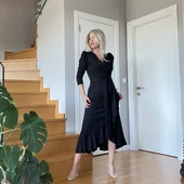 Krep Kumaş Midi Boy Kuşaklı Uzunkol Elbise 113 Cm - 9