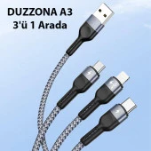 Duzzona A3 3in1 Type-C + iPhone Lightning + Micro USB 3A Hızlı Şarj Kablosu 1.3m - 2