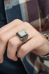 Kare Beyaz Paraiba Taşlı 925 Gümüş Erkek Yüzük thumbnail 1