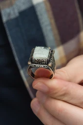 Kare Beyaz Paraiba Taşlı 925 Gümüş Erkek Yüzük thumbnail 3
