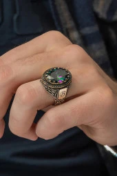 Mistik Topaz Taşlı Harfli  925 Gümüş Erkek Yüzük thumbnail 1