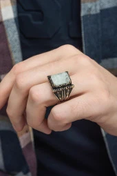 Kare Beyaz Paraiba Taşlı 925 Gümüş Erkek Yüzük thumbnail 5