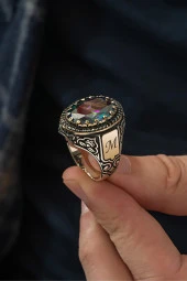 Mistik Topaz Taşlı Harfli  925 Gümüş Erkek Yüzük thumbnail 7