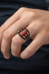 Akik Taşlı Pençeli 925 Gümüş Erkek Yüzük - 1