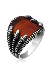 Akik Taşlı Pençeli 925 Gümüş Erkek Yüzük - 2