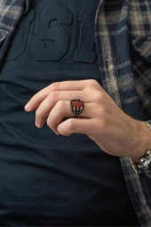 Akik Taşlı Pençeli 925 Gümüş Erkek Yüzük - 3