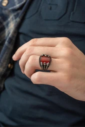 Akik Taşlı Pençeli 925 Gümüş Erkek Yüzük - 4