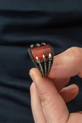 Akik Taşlı Pençeli 925 Gümüş Erkek Yüzük - 5