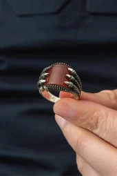 Akik Taşlı Pençeli 925 Gümüş Erkek Yüzük - 6