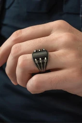 Siyah Oniks Taşlı Pençeli 925 Gümüş Erkek Yüzük thumbnail 1