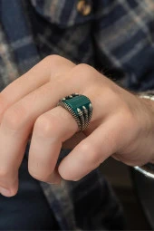 Yeşil Akik Taşlı Pençeli 925 Gümüş Erkek Yüzük thumbnail 3