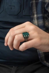 Yeşil Akik Taşlı Pençeli 925 Gümüş Erkek Yüzük thumbnail 4