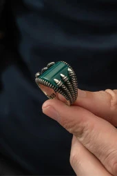 Yeşil Akik Taşlı Pençeli 925 Gümüş Erkek Yüzük thumbnail 7