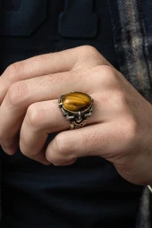 Kaplan Gözü Taşlı 925 Gümüş Erkek Yüzük thumbnail 4