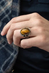 Kaplan Gözü Taşlı 925 Gümüş Erkek Yüzük thumbnail 7