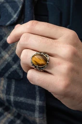 Kaplan Gözü Taşlı 925 Gümüş Erkek Yüzük thumbnail 8