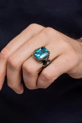 Kare Aqua Mavi Taşlı 925 Gümüş Erkek Yüzük thumbnail 4