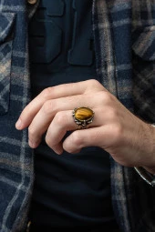 Kaplan Gözü Taşlı 925 Gümüş Erkek Yüzük thumbnail 9