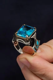 Kare Aqua Mavi Taşlı 925 Gümüş Erkek Yüzük thumbnail 5