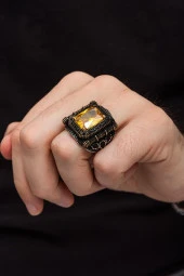 Kare Sarı Taşlı 925 Gümüş Erkek Yüzük thumbnail 1