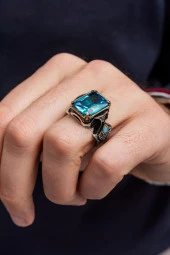 Kare Aqua Mavi Taşlı 925 Gümüş Erkek Yüzük thumbnail 8