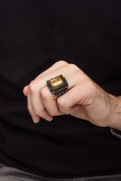 Kare Sarı Taşlı 925 Gümüş Erkek Yüzük thumbnail 4