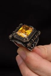 Kare Sarı Taşlı 925 Gümüş Erkek Yüzük thumbnail 6