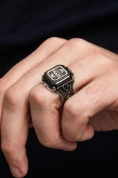 Hasbiyallah Yazılı Kare Siyah Taşlı 925 Gümüş Erkek Yüzük thumbnail 3