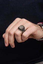 Hasbiyallah Yazılı Kare Siyah Taşlı 925 Gümüş Erkek Yüzük thumbnail 6