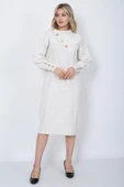 Triko Uzun Kadın Elbise Yaka Düğmeli Taş thumbnail 8