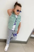 Erkek Çocuk Üzeri Göz ve Yazı Baskılı Tişört Sıfır Kol Jean Su Yeşili Yelek Alt Üst Takım - 5