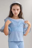 Kız Çocuk Kolları ve Yakası Transparan Tül Şerit Detaylı Üzeri Simli Mavi Alt Üst Takım thumbnail 3