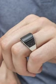Karpuz Kesim Siyah Taşlı 925 Gümüş Erkek Yüzük thumbnail 8