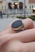 Siyah Oniks Taşlı 925 Gümüş Erkek Yüzük thumbnail 2