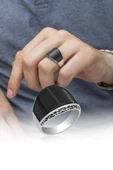 Karpuz Kesim Siyah Taşlı 925 Gümüş Erkek Yüzük thumbnail 5