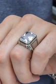 Kare Zirkon Beyaz Taşlı 925 Gümüş Erkek Yüzük thumbnail 9