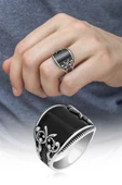 Karpuz Kesim Siyah Taşlı 925 Gümüş Erkek Yüzük thumbnail 7