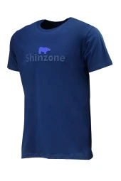 Erkek Bisiklet Yaka Standart Fit Kabartma Göğüs Baskılı İndigo T-Shirt - 1