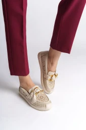 LYDIA Bağcıksız Ortopedik Rahat Taban Çiçek Desenli Babet Ayakkabı KT Krem - 1