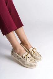 LYDIA Bağcıksız Ortopedik Rahat Taban Çiçek Desenli Babet Ayakkabı KT Krem - 2