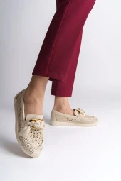 LYDIA Bağcıksız Ortopedik Rahat Taban Çiçek Desenli Babet Ayakkabı KT Krem - 3